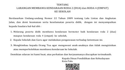 Lewat Edaran, Disdikbud Palu Tegaskan Siswa Dilarang Bawa Kendaraan ke Sekolah