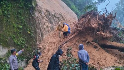 Polsek Kulawi dan Warga Gotong Royong Bersihkan Longsor di Jalan Menuju Lindu